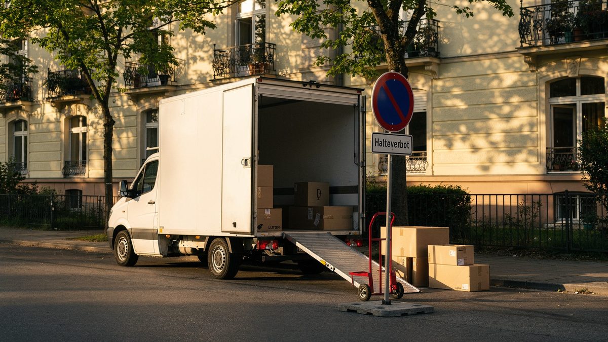 Umzugstransporter mit offener Ladefläche, Laderampe und aufgestelltem Halteverbotsschild vor einem Altbau