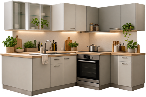 Einbauküche mit Backofen und Holzarbeitsplatte