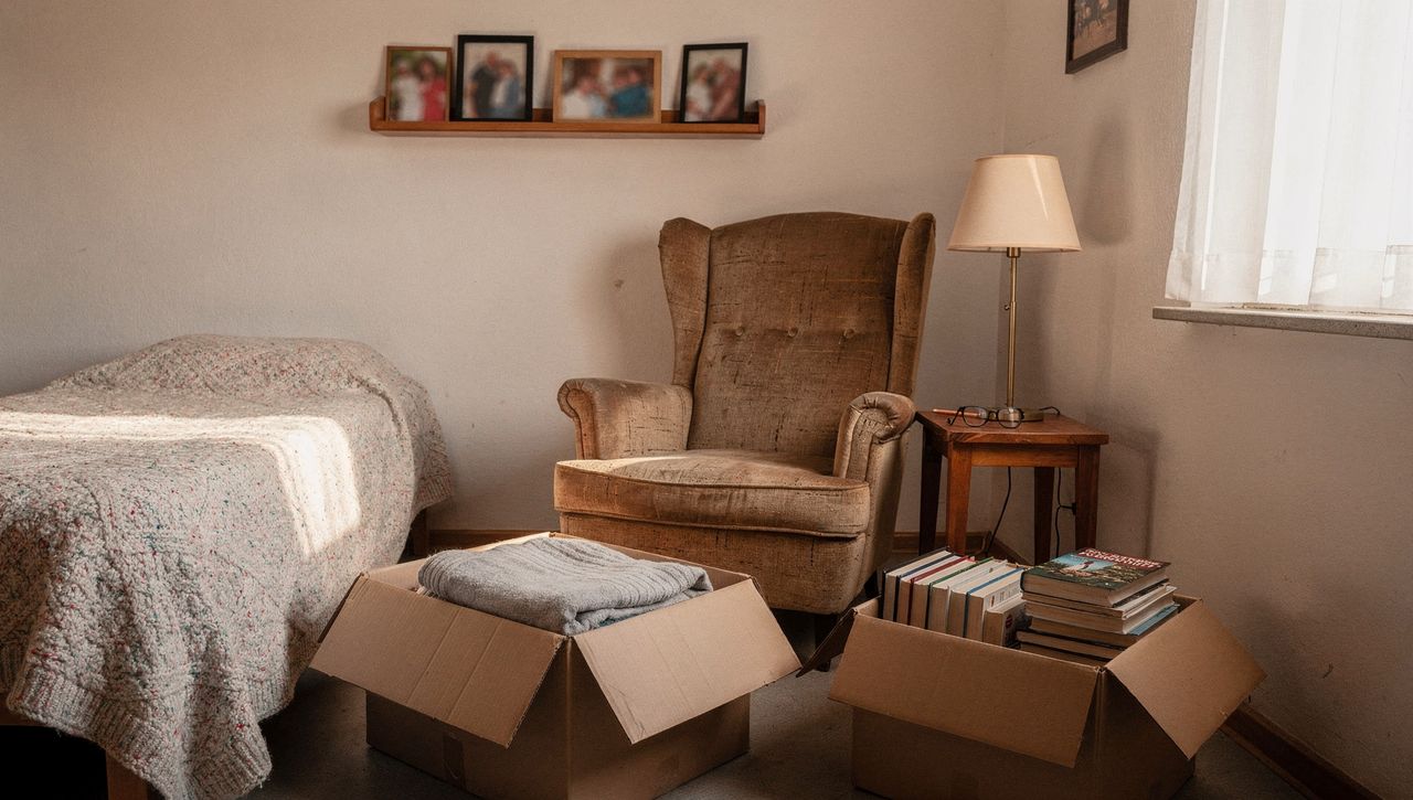 Zimmer nach dem Umzug in eine Seniorenwohnung mit Ohrensessel am Fenster, Leselampe und offenen Umzugskartons